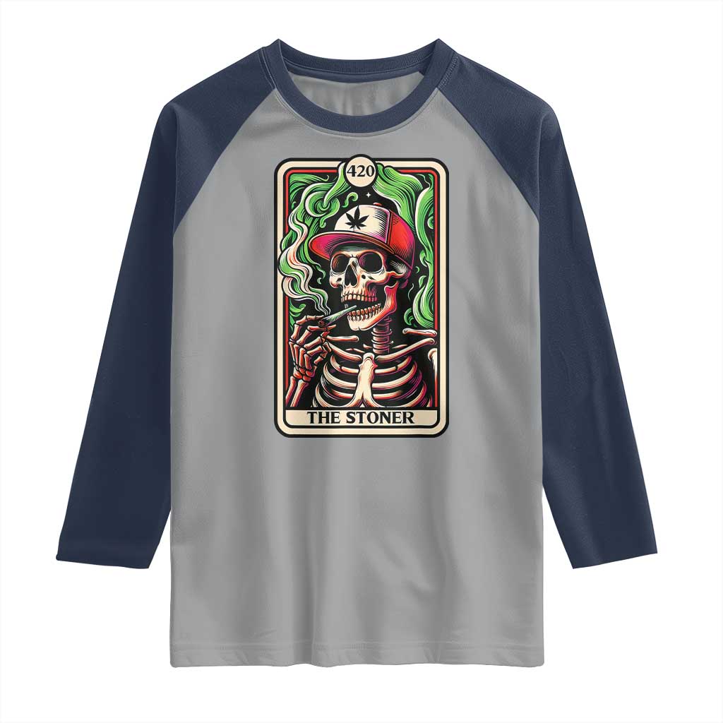 Skeleton 420 The Stoner Raglan Shirt Retro Tarot Card Weed Lover Cannabis Trippy Vibes TS02 Sport Gray Navy Print Your Wear