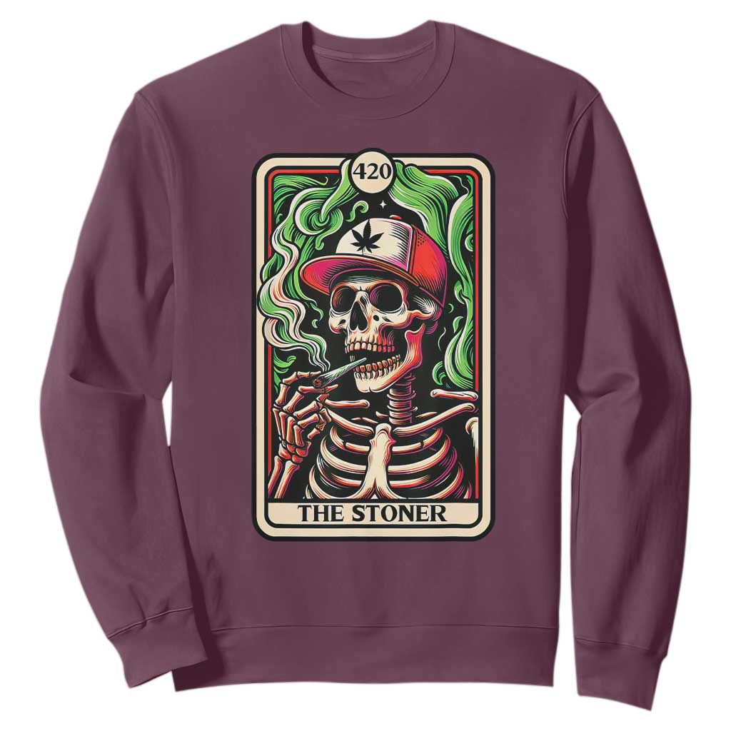 Skeleton 420 The Stoner Sweatshirt Retro Tarot Card Weed Lover Cannabis Trippy Vibes TS02 Maroon Print Your Wear