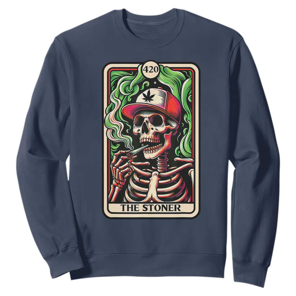 Skeleton 420 The Stoner Sweatshirt Retro Tarot Card Weed Lover Cannabis Trippy Vibes TS02 Navy Print Your Wear