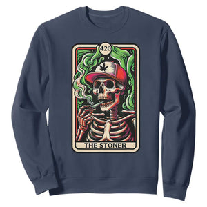 Skeleton 420 The Stoner Sweatshirt Retro Tarot Card Weed Lover Cannabis Trippy Vibes TS02 Navy Print Your Wear