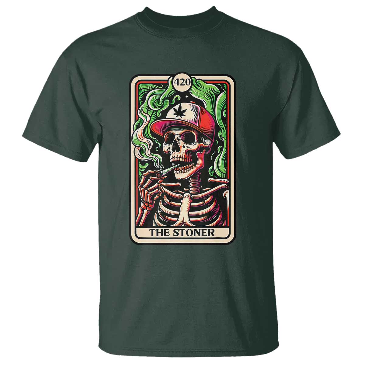 Skeleton 420 The Stoner T Shirt Retro Tarot Card Weed Lover Cannabis Trippy Vibes TS02 Dark Forest Green Print Your Wear