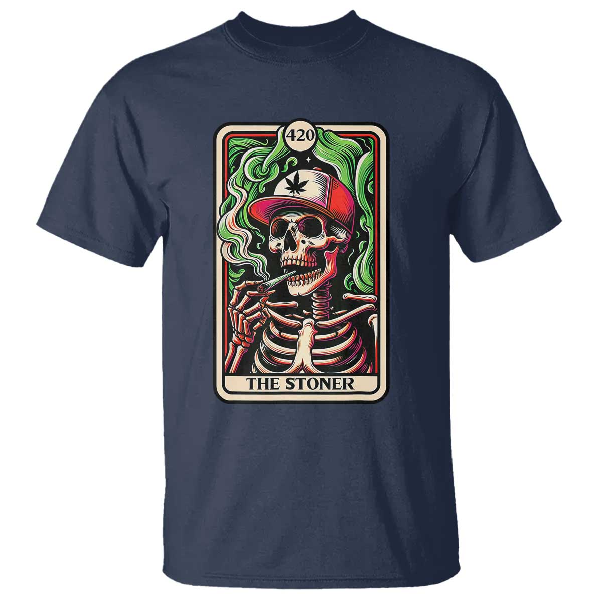 Skeleton 420 The Stoner T Shirt Retro Tarot Card Weed Lover Cannabis Trippy Vibes TS02 Navy Print Your Wear