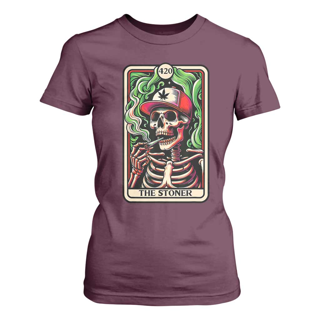 Skeleton 420 The Stoner T Shirt For Women Retro Tarot Card Weed Lover Cannabis Trippy Vibes TS02 Maroon Print Your Wear