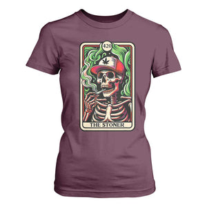 Skeleton 420 The Stoner T Shirt For Women Retro Tarot Card Weed Lover Cannabis Trippy Vibes TS02 Maroon Print Your Wear