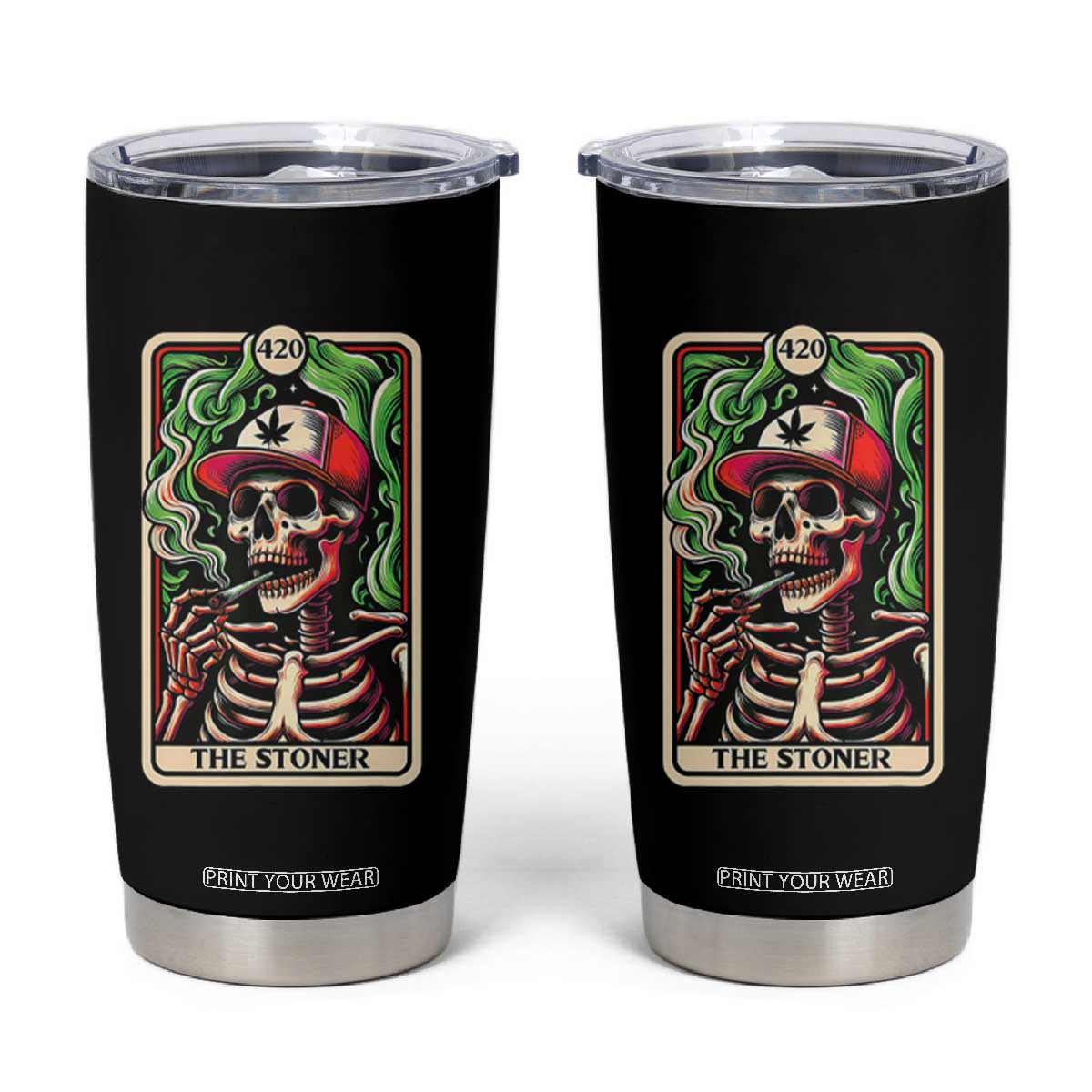 Skeleton 420 The Stoner Tumbler Cup Retro Tarot Card Weed Lover Cannabis Trippy Vibes TS02 Black Print Your Wear