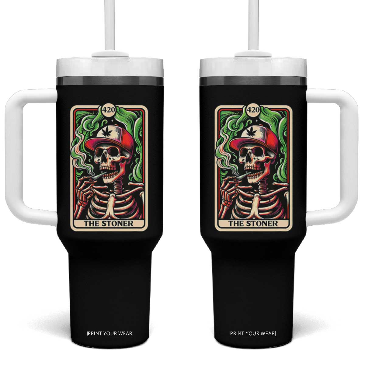 Skeleton 420 The Stoner Tumbler With Handle Retro Tarot Card Weed Lover Cannabis Trippy Vibes TS02 One Size: 40 oz Black Print Your Wear