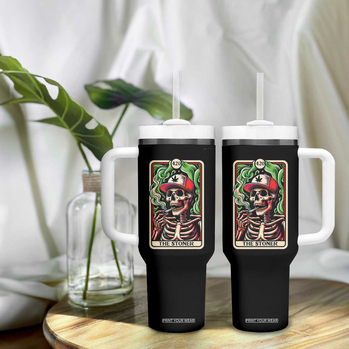 Skeleton 420 The Stoner Tumbler With Handle Retro Tarot Card Weed Lover Cannabis Trippy Vibes TS02 Print Your Wear