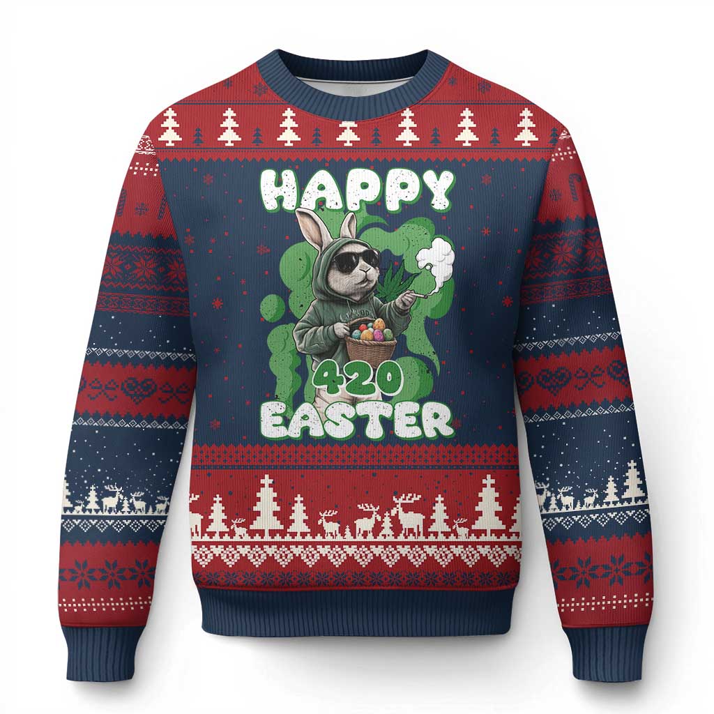 Happy 420 Easter Ugly Christmas Sweater Funny Smoking Easter Bunny TS02 Navy Red Print Your Wear