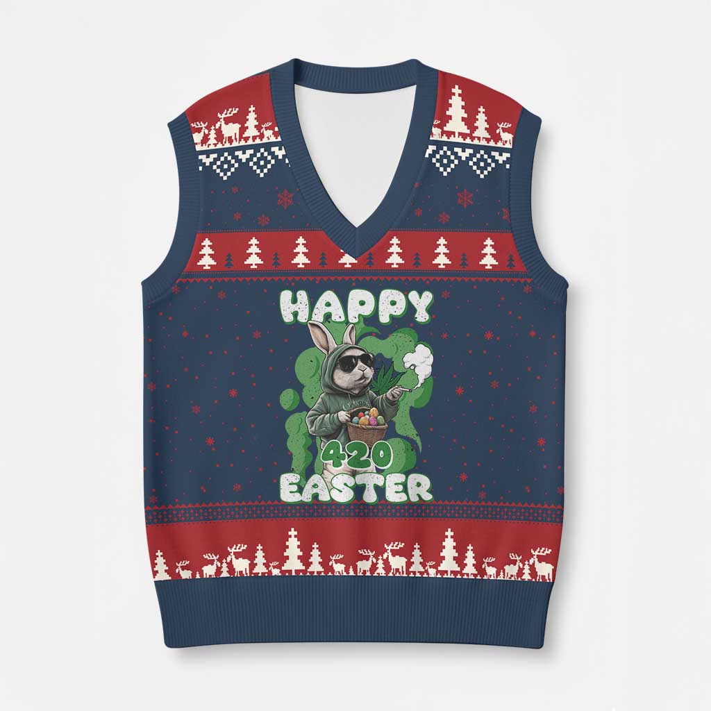 Happy 420 Easter V-Neck Knit Sweater Vest Funny Smoking Easter Bunny TS02 Navy Red Print Your Wear