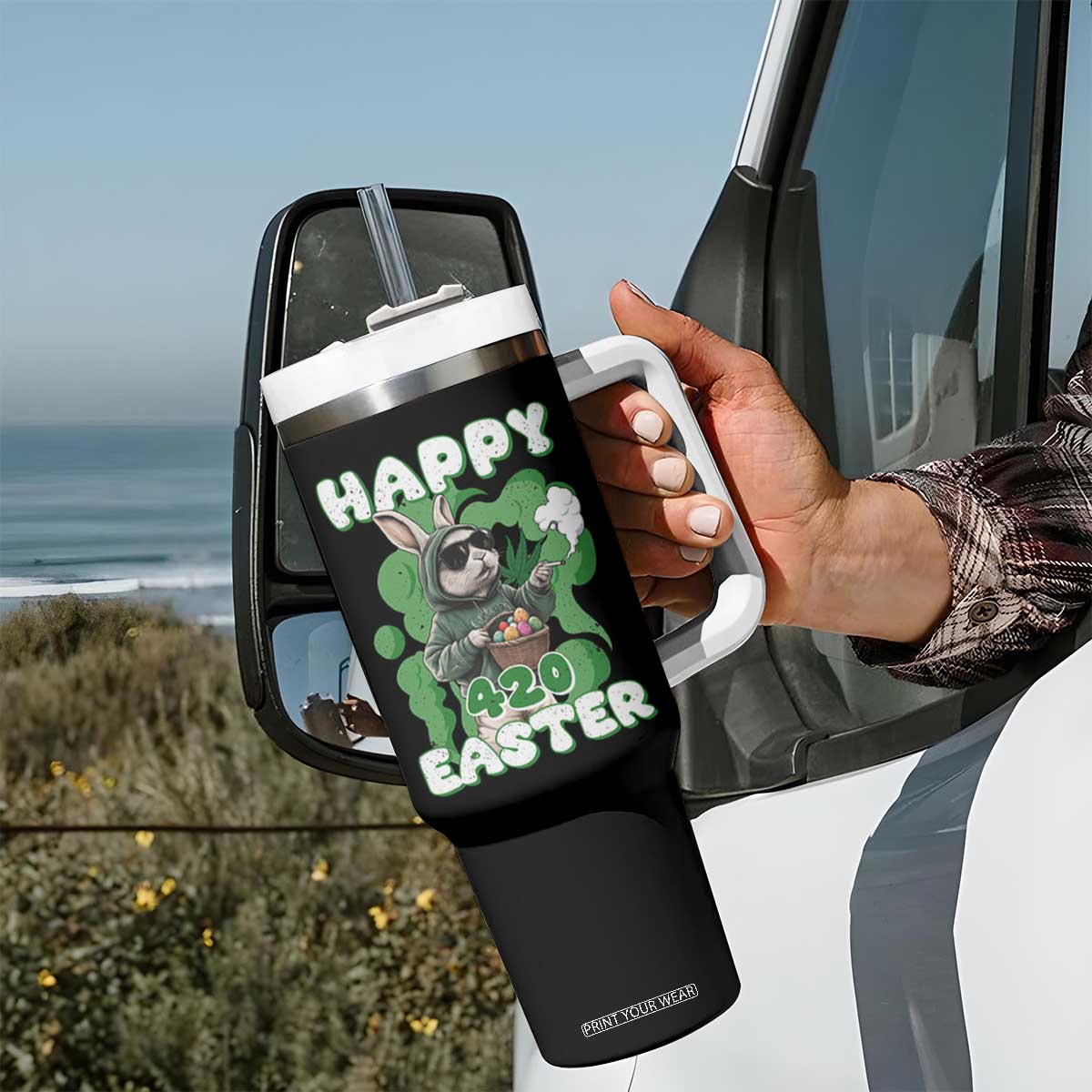 Happy 420 Easter Tumbler With Handle Funny Smoking Easter Bunny TS02 Print Your Wear