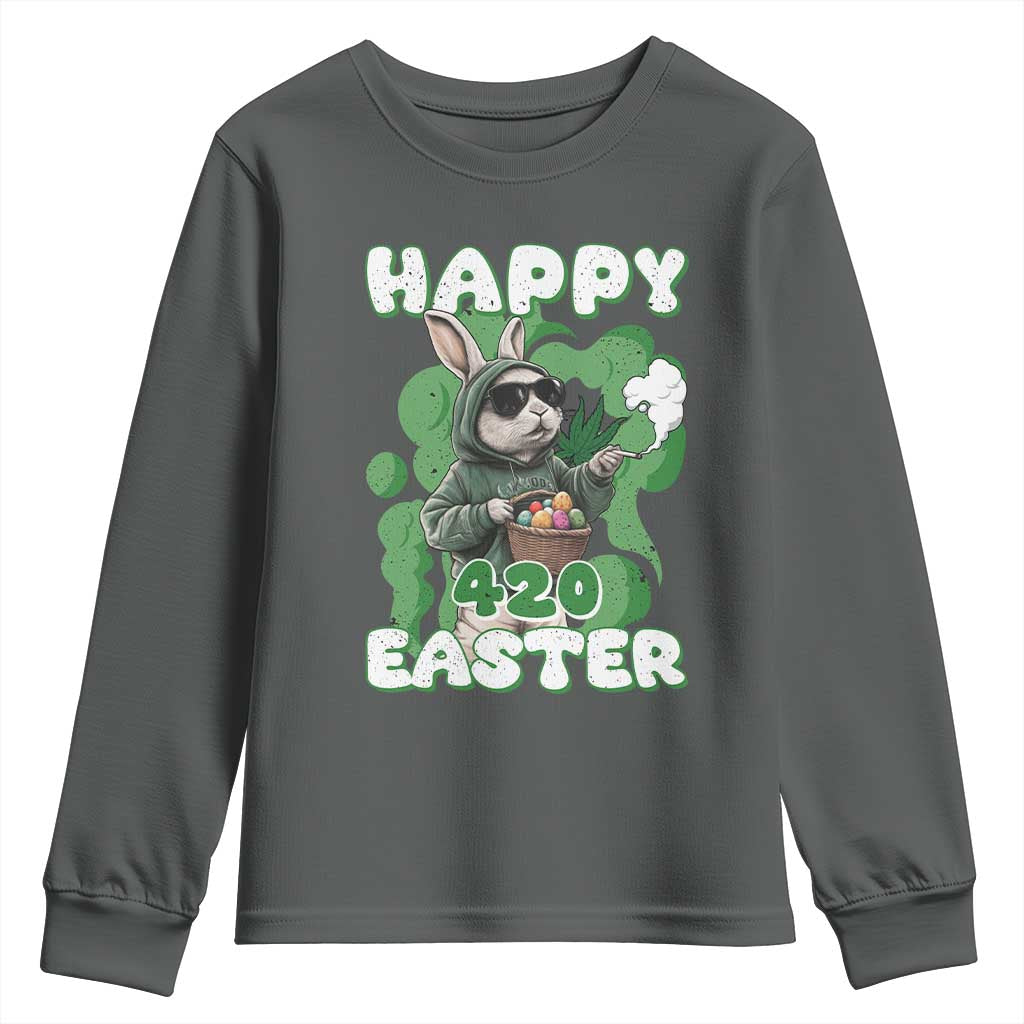 Happy 420 Easter Youth Sweatshirt Funny Smoking Easter Bunny TS02 Dark Heather Print Your Wear