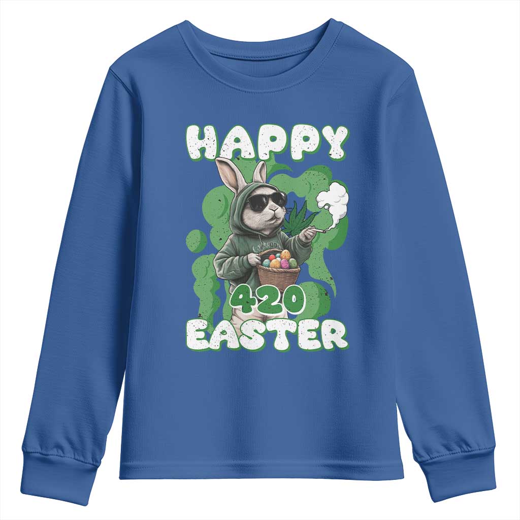 Happy 420 Easter Youth Sweatshirt Funny Smoking Easter Bunny TS02 Royal Blue Print Your Wear