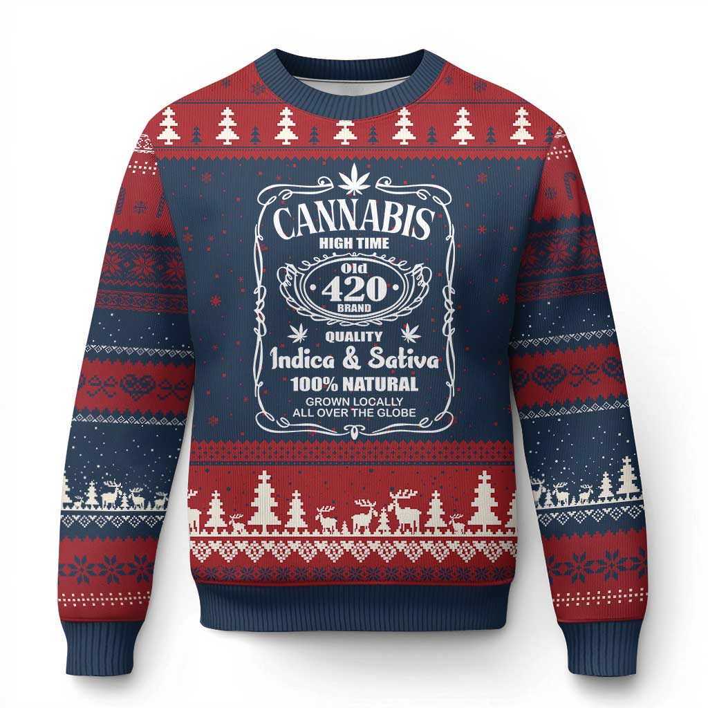 Funny Cannabis High Time Ugly Christmas Sweater Old 420 Quality Indica & Sativa Weed TS02 Navy Red Print Your Wear