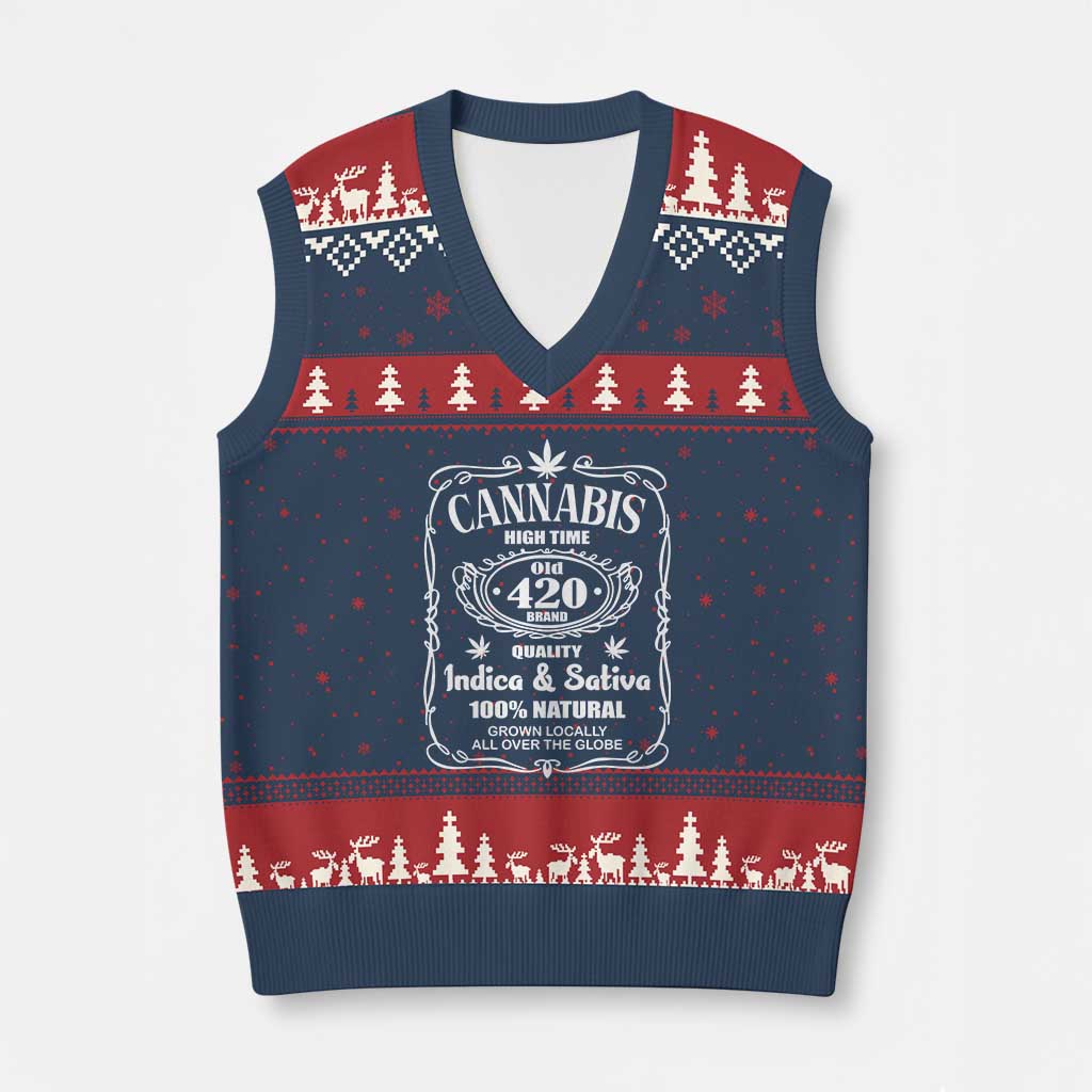 Funny Cannabis High Time V-Neck Knit Sweater Vest Old 420 Quality Indica & Sativa Weed TS02 Navy Red Print Your Wear