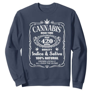 Funny Cannabis High Time Sweatshirt Old 420 Quality Indica & Sativa Weed TS02 Navy Print Your Wear