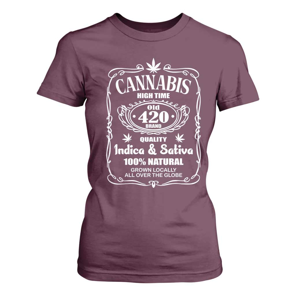 Funny Cannabis High Time T Shirt For Women Old 420 Quality Indica & Sativa Weed TS02 Maroon Print Your Wear