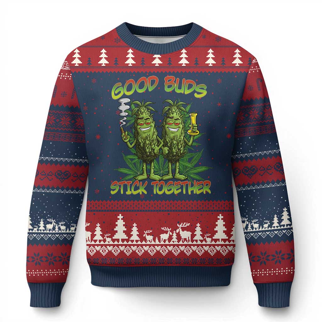 Funny Marijuana Ugly Christmas Sweater Good Buds Stick Together Couples 420 Weed Cannabis TS02 Navy Red Print Your Wear