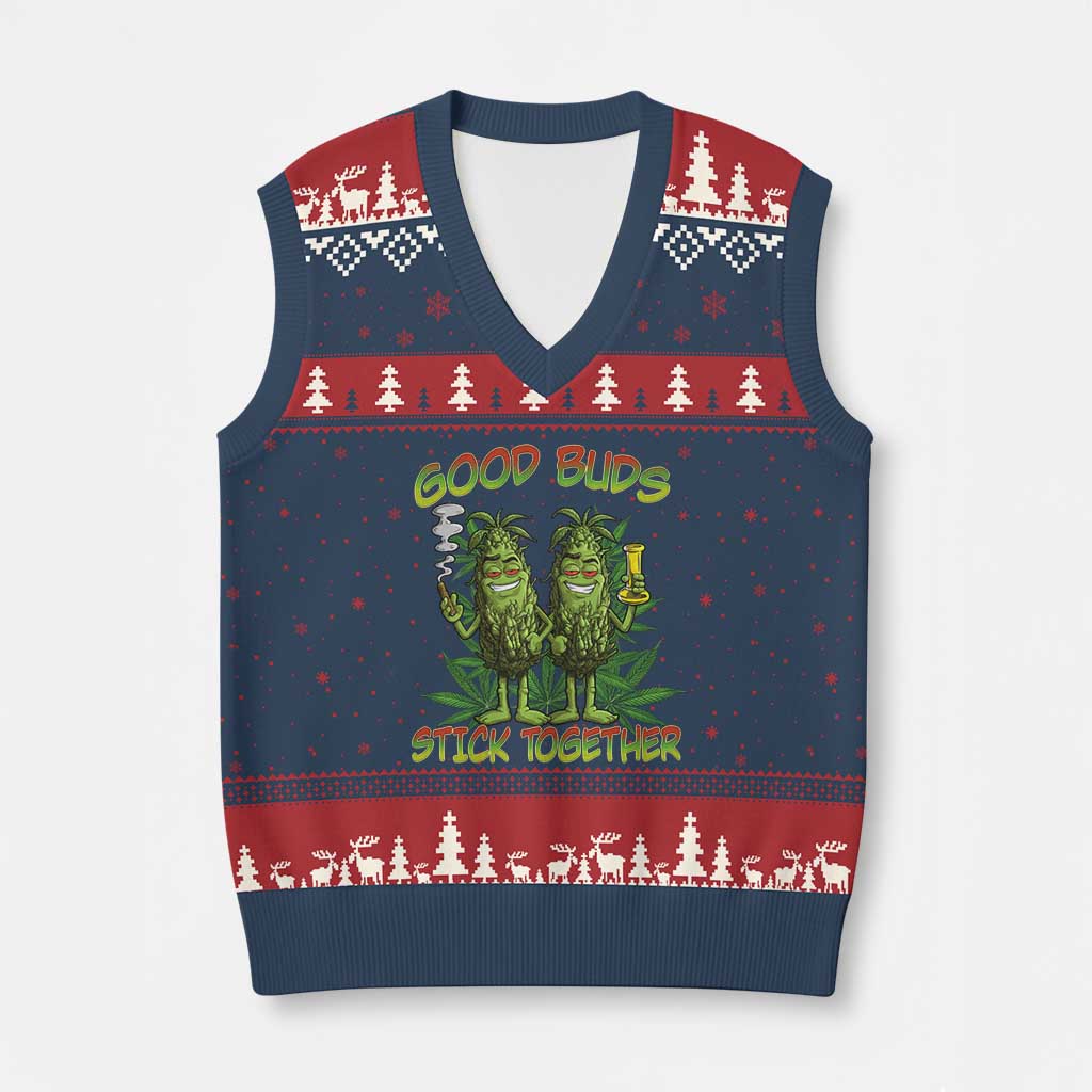 Funny Marijuana V-Neck Knit Sweater Vest Good Buds Stick Together Couples 420 Weed Cannabis TS02 Navy Red Print Your Wear