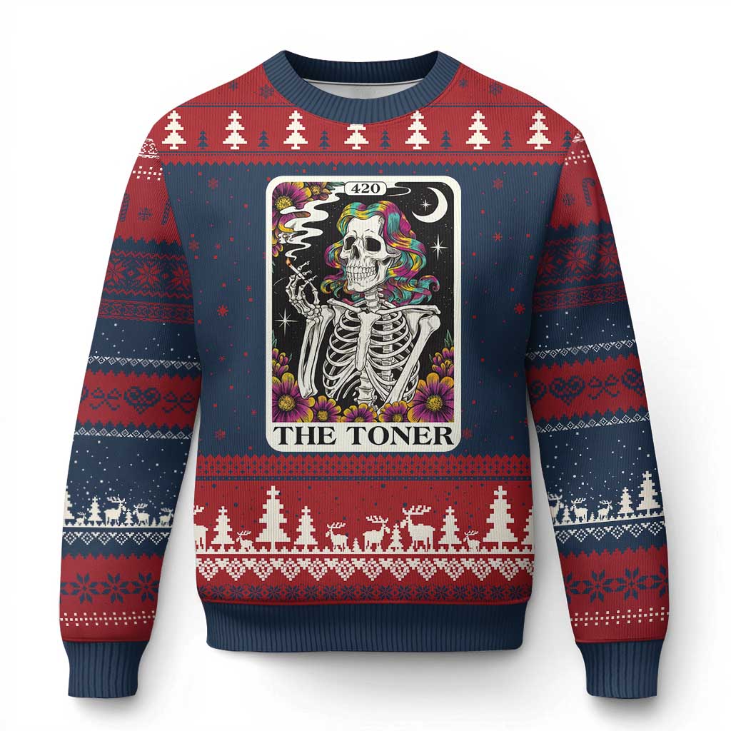 Skeleton 420 Cannabis Ugly Christmas Sweater Tarot Card The Stoner Weed Lover TS02 Navy Red Print Your Wear