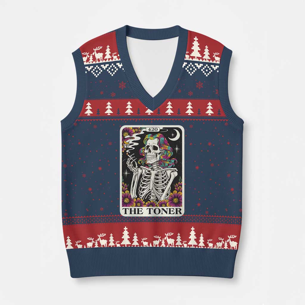Skeleton 420 Cannabis V-Neck Knit Sweater Vest Tarot Card The Stoner Weed Lover TS02 Navy Red Print Your Wear