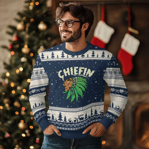 Chiefin Weed Smoking Ugly Christmas Sweater Funny 420 Cannabis Pot THC Smoker TS02 Navy Beige Print Your Wear