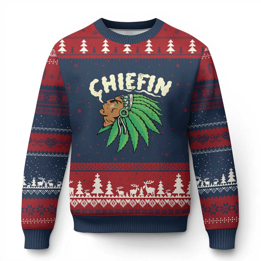 Chiefin Weed Smoking Ugly Christmas Sweater Funny 420 Cannabis Pot THC Smoker TS02 Navy Red Print Your Wear