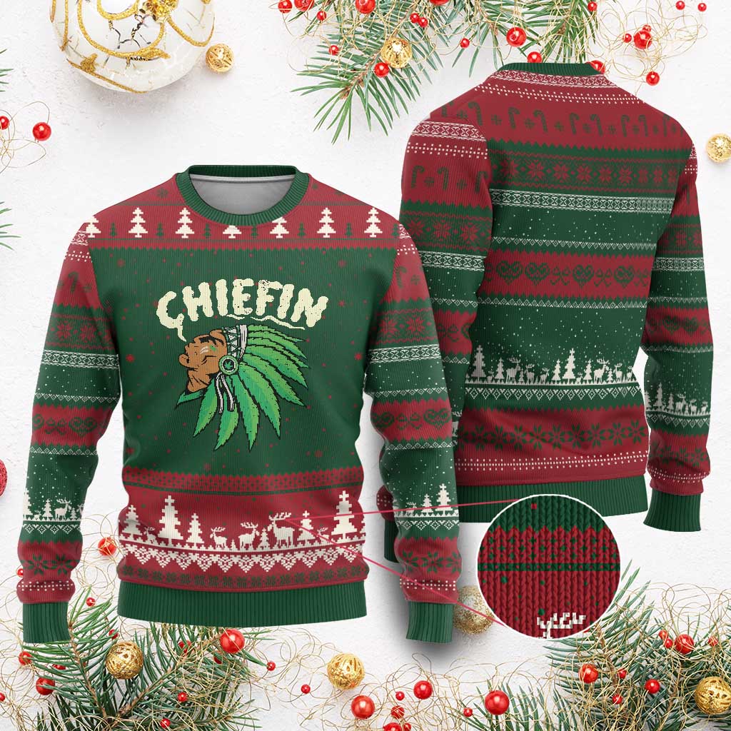 Chiefin Weed Smoking Ugly Christmas Sweater Funny 420 Cannabis Pot THC Smoker TS02 Red Green Print Your Wear