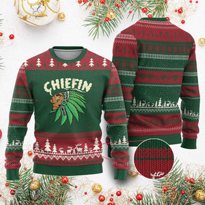 Chiefin Weed Smoking Ugly Christmas Sweater Funny 420 Cannabis Pot THC Smoker TS02 Red Green Print Your Wear