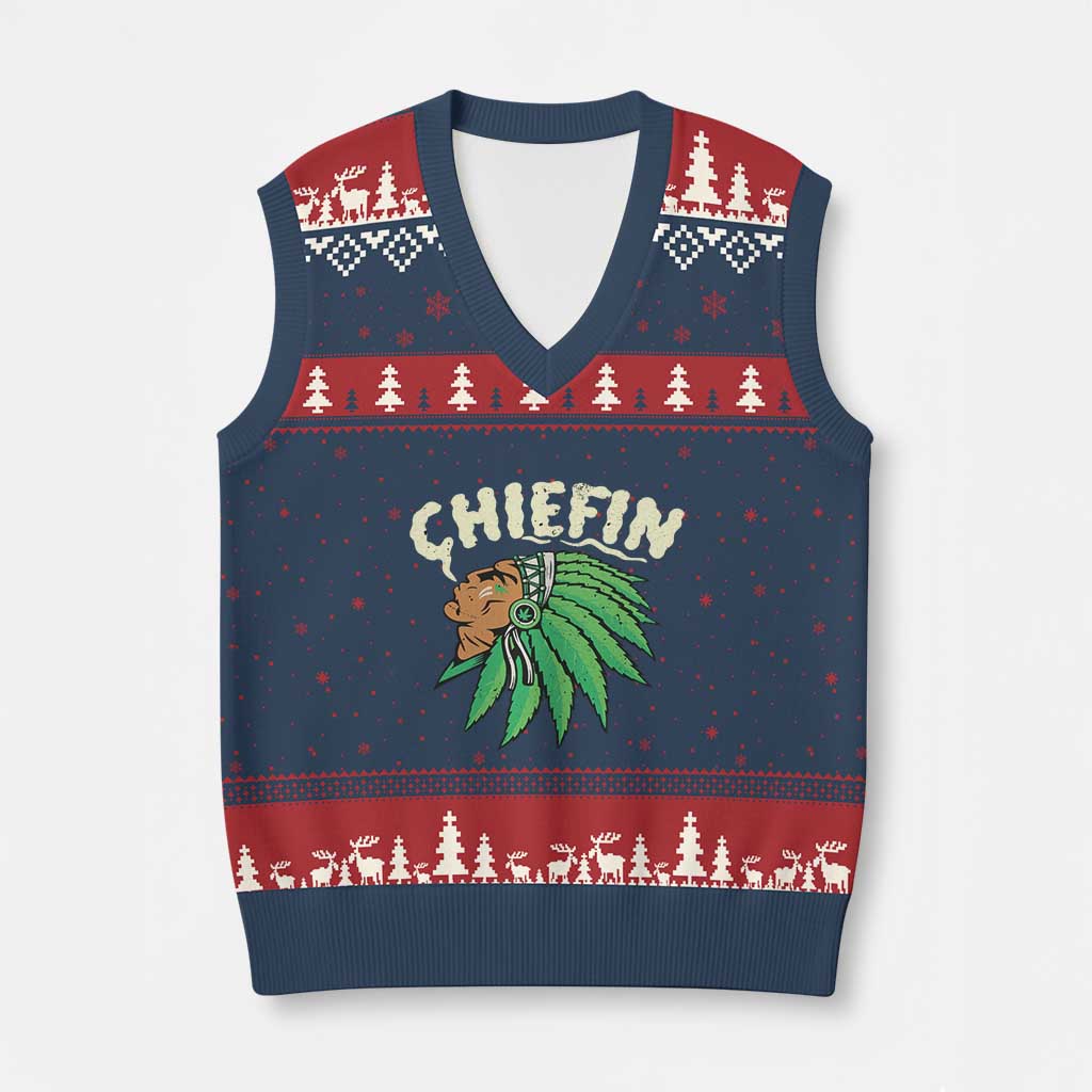 Chiefin Weed Smoking V-Neck Knit Sweater Vest Funny 420 Cannabis Pot THC Smoker TS02 Navy Red Print Your Wear