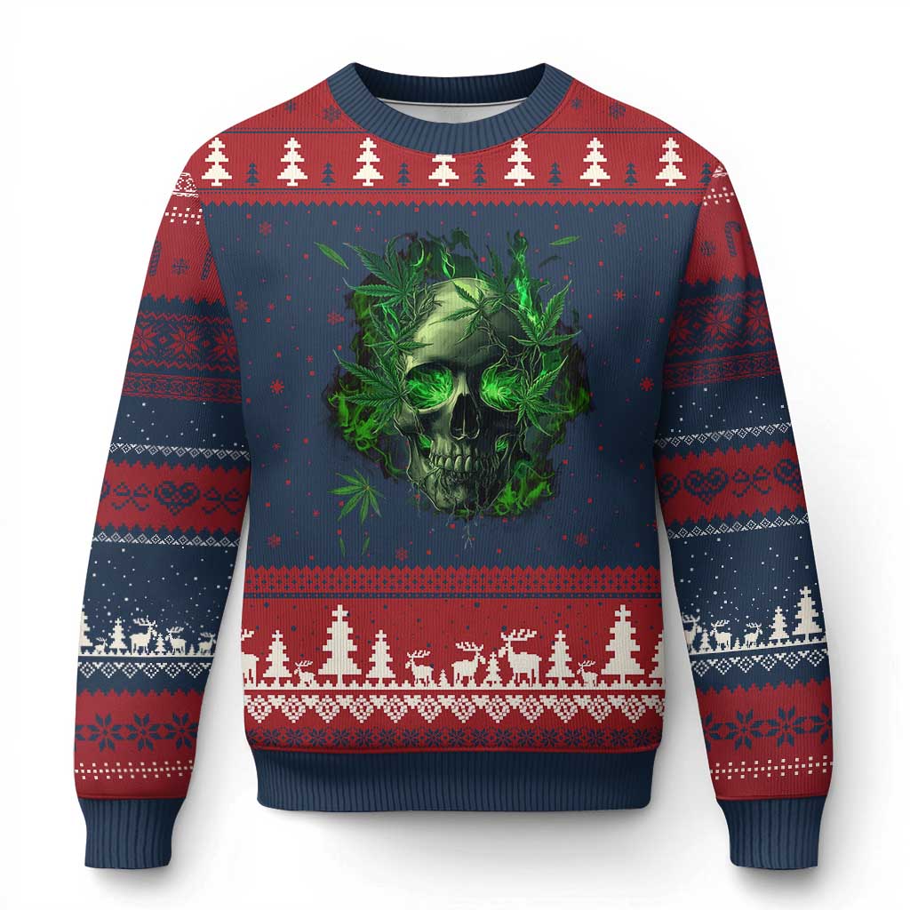 Marijuana Skull Ugly Christmas Sweater Smoke Weed Cannabis 420 Pot Leaf TS02 Navy Red Print Your Wear