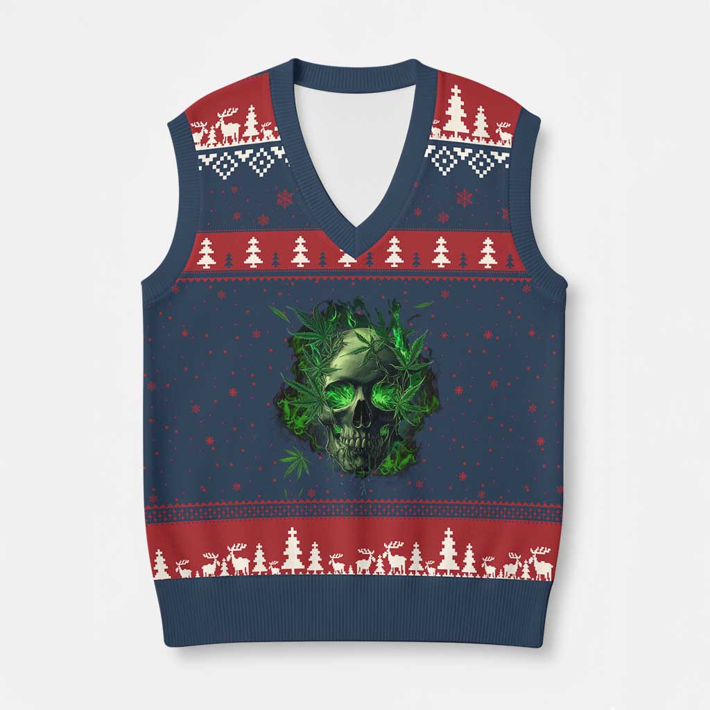 Marijuana Skull V-Neck Knit Sweater Vest Smoke Weed Cannabis 420 Pot Leaf TS02 Navy Red Print Your Wear