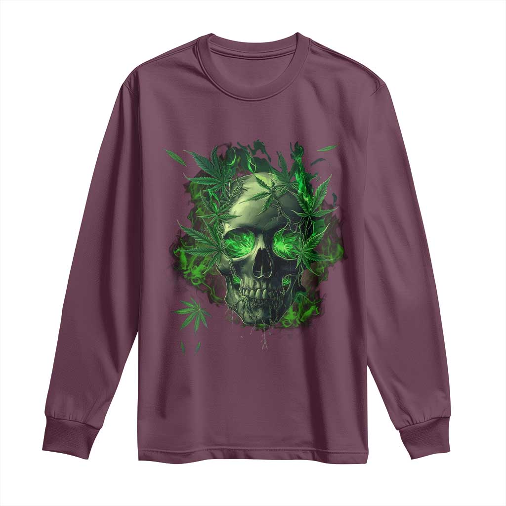 Marijuana Skull Long Sleeve Shirt Smoke Weed Cannabis 420 Pot Leaf TS02 Maroon Print Your Wear