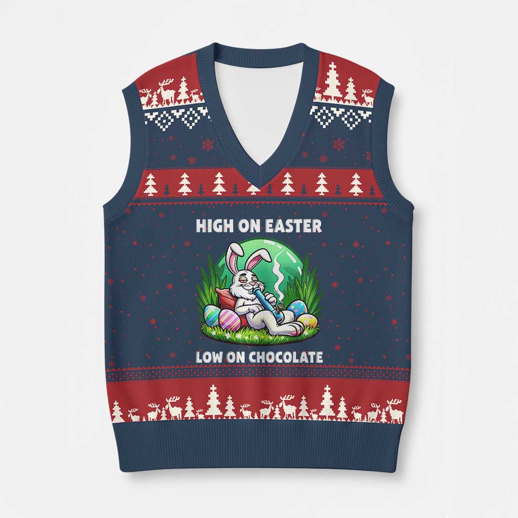 Happy 420 Easter V-Neck Knit Sweater Vest Funny Bunny Marijuana Cannabis Weed TS02 Navy Red Print Your Wear