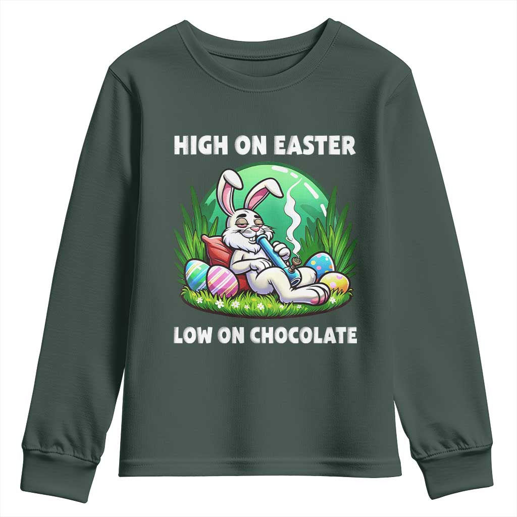 Happy 420 Easter Youth Sweatshirt Funny Bunny Marijuana Cannabis Weed TS02 Dark Forest Green Print Your Wear