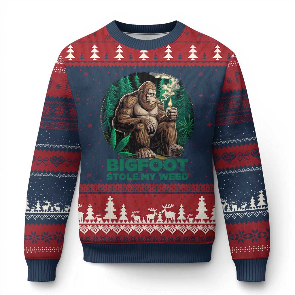 Funny Sasquatch Marijuana Ugly Christmas Sweater Bigfoot Stole My Weed Vintage 420 TS02 Navy Red Print Your Wear