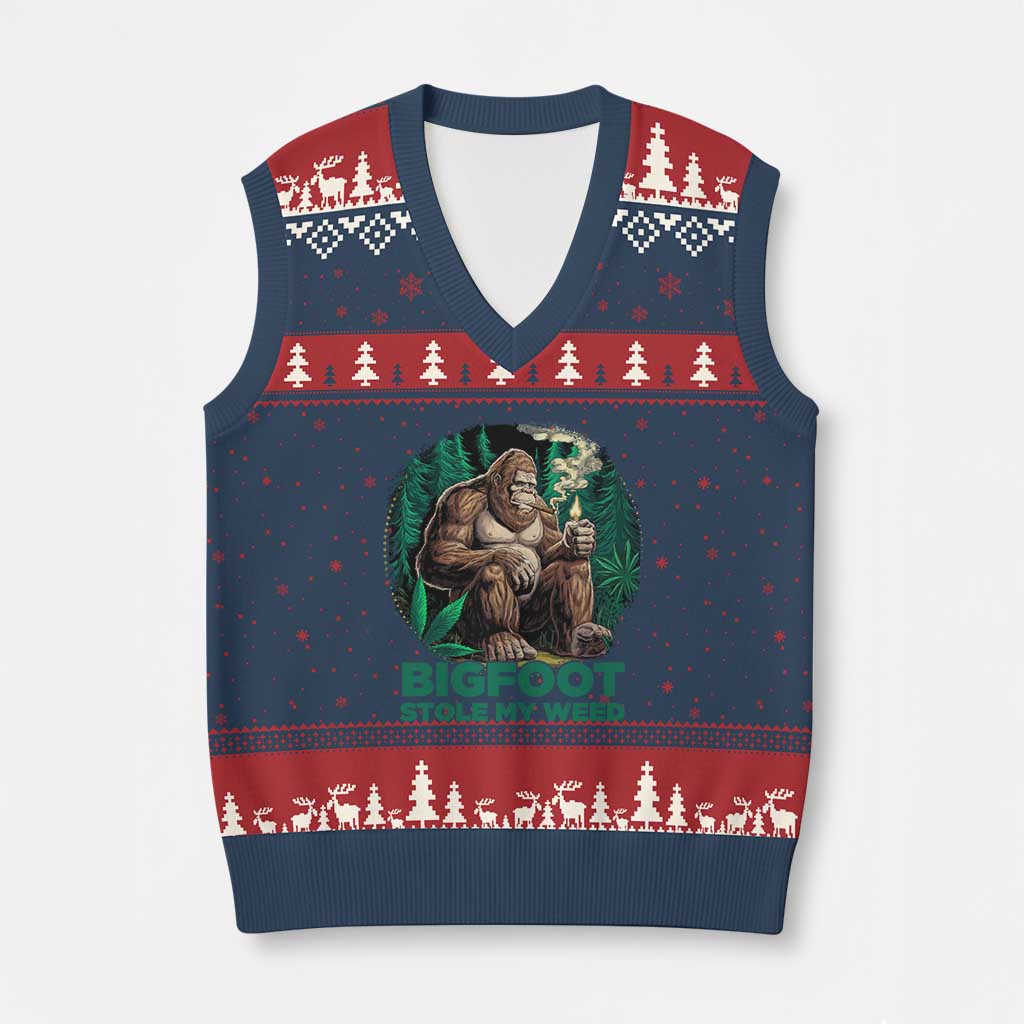 Funny Sasquatch Marijuana V-Neck Knit Sweater Vest Bigfoot Stole My Weed Vintage 420 TS02 Navy Red Print Your Wear