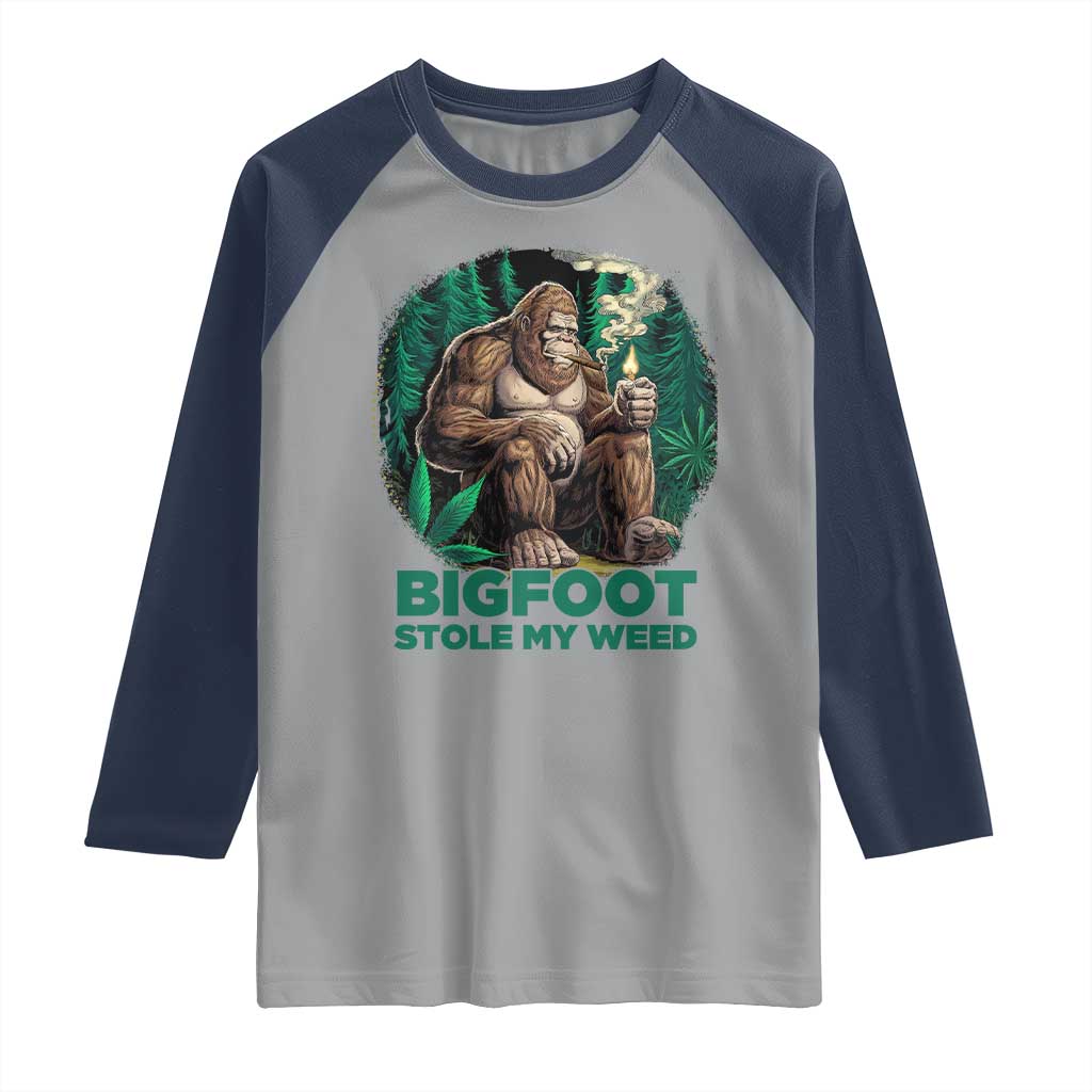 Funny Sasquatch Marijuana Raglan Shirt Bigfoot Stole My Weed Vintage 420 TS02 Sport Gray Navy Print Your Wear
