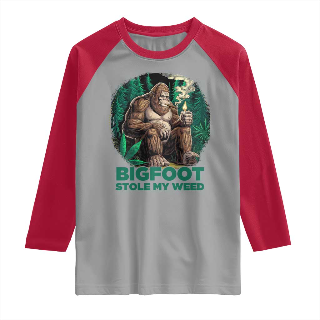 Funny Sasquatch Marijuana Raglan Shirt Bigfoot Stole My Weed Vintage 420 TS02 Sport Gray Red Print Your Wear