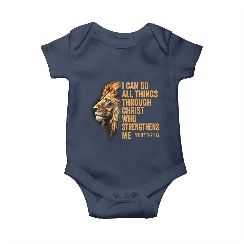 Christian Faith Baby Onesie Philippians 4:13 Religious Lion Strengthens TS02 Navy Print Your Wear