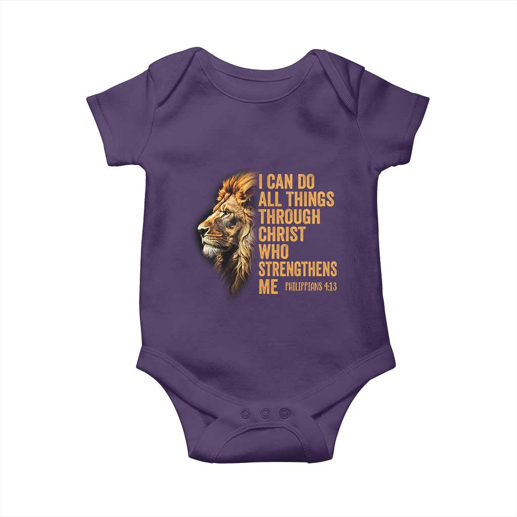 Christian Faith Baby Onesie Philippians 4:13 Religious Lion Strengthens TS02 Purple Print Your Wear