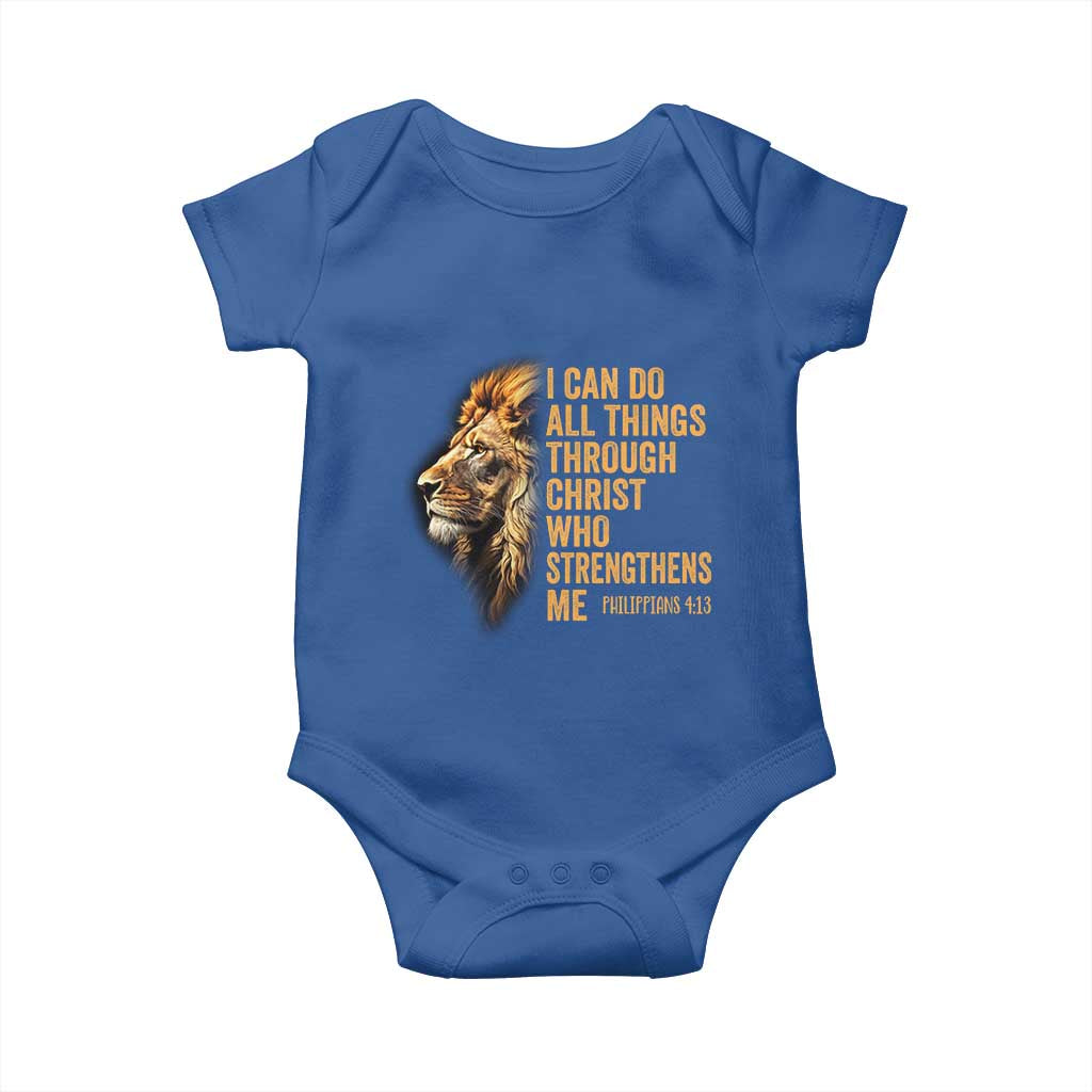 Christian Faith Baby Onesie Philippians 4:13 Religious Lion Strengthens TS02 Royal Blue Print Your Wear