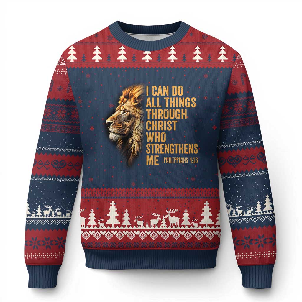 Christian Faith Ugly Christmas Sweater Philippians 4:13 Religious Lion Strengthens TS02 Navy Red Print Your Wear
