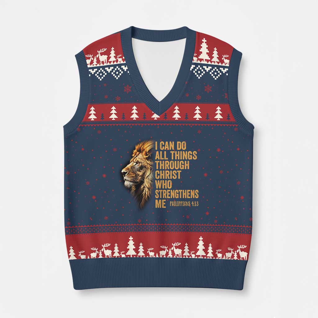 Christian Faith V-Neck Knit Sweater Vest Philippians 4:13 Religious Lion Strengthens TS02 Navy Red Print Your Wear