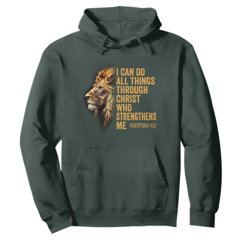 Christian Faith Hoodie Philippians 4:13 Religious Lion Strengthens TS02 Dark Forest Green Print Your Wear