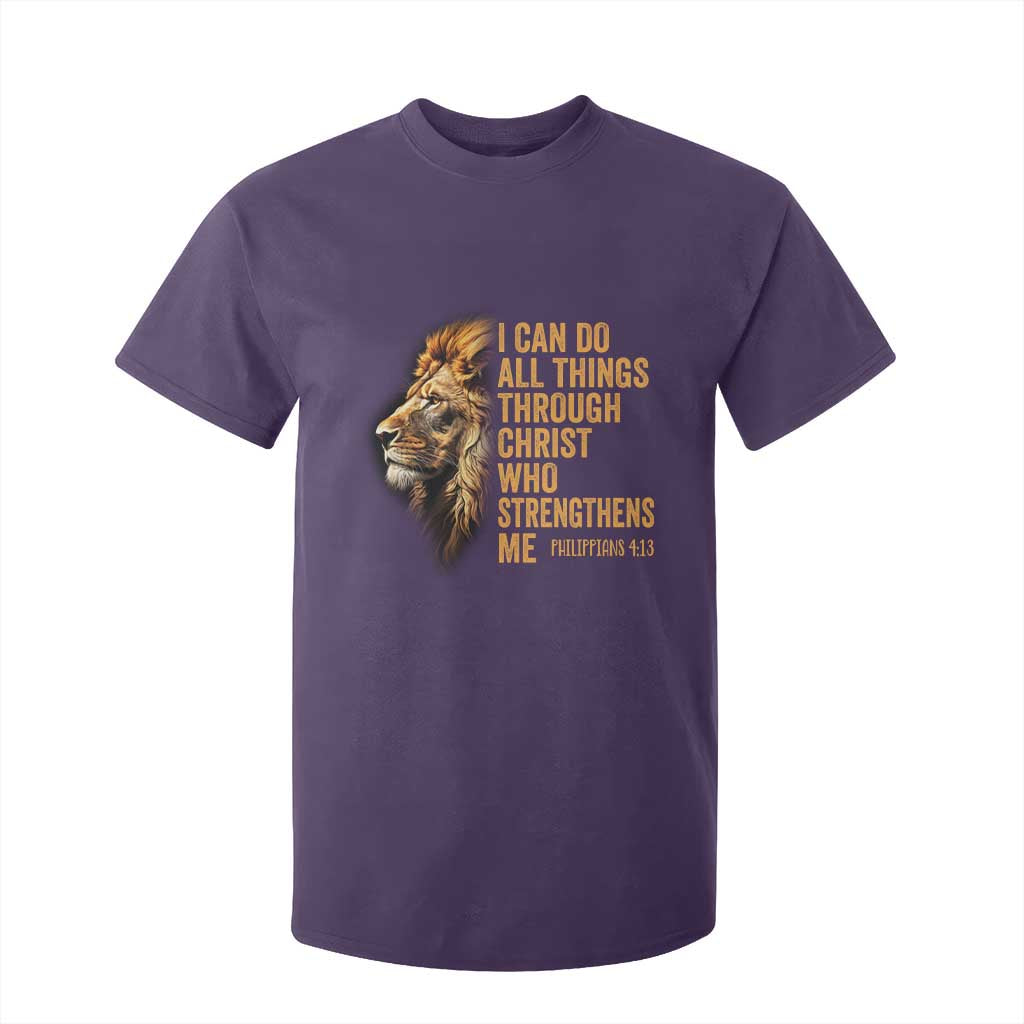 Christian Faith T Shirt For Kid Philippians 4:13 Religious Lion Strengthens TS02 Purple Print Your Wear