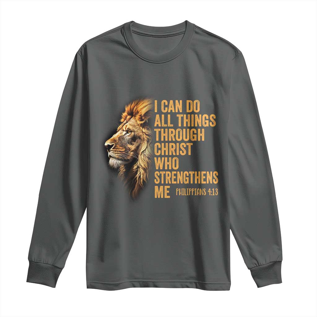 Christian Faith Long Sleeve Shirt Philippians 4:13 Religious Lion Strengthens TS02 Dark Heather Print Your Wear