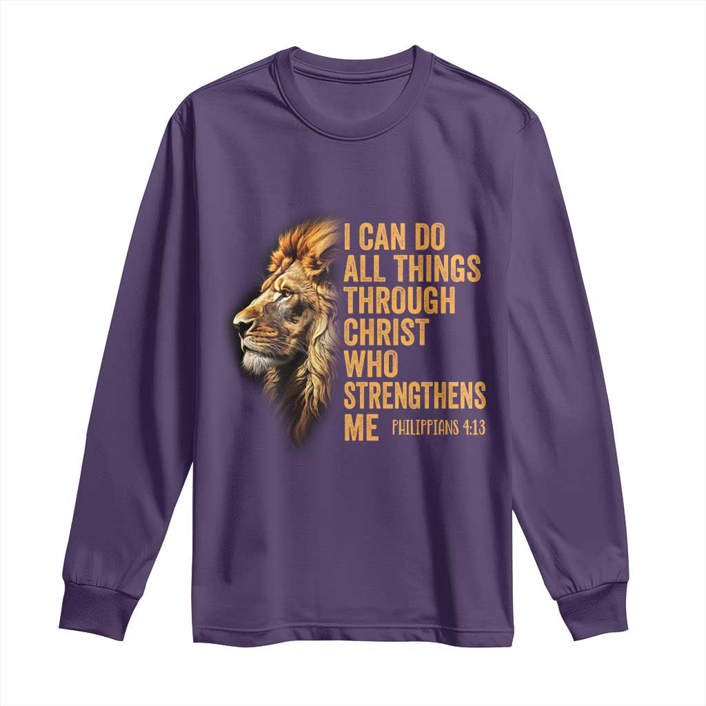Christian Faith Long Sleeve Shirt Philippians 4:13 Religious Lion Strengthens TS02 Purple Print Your Wear