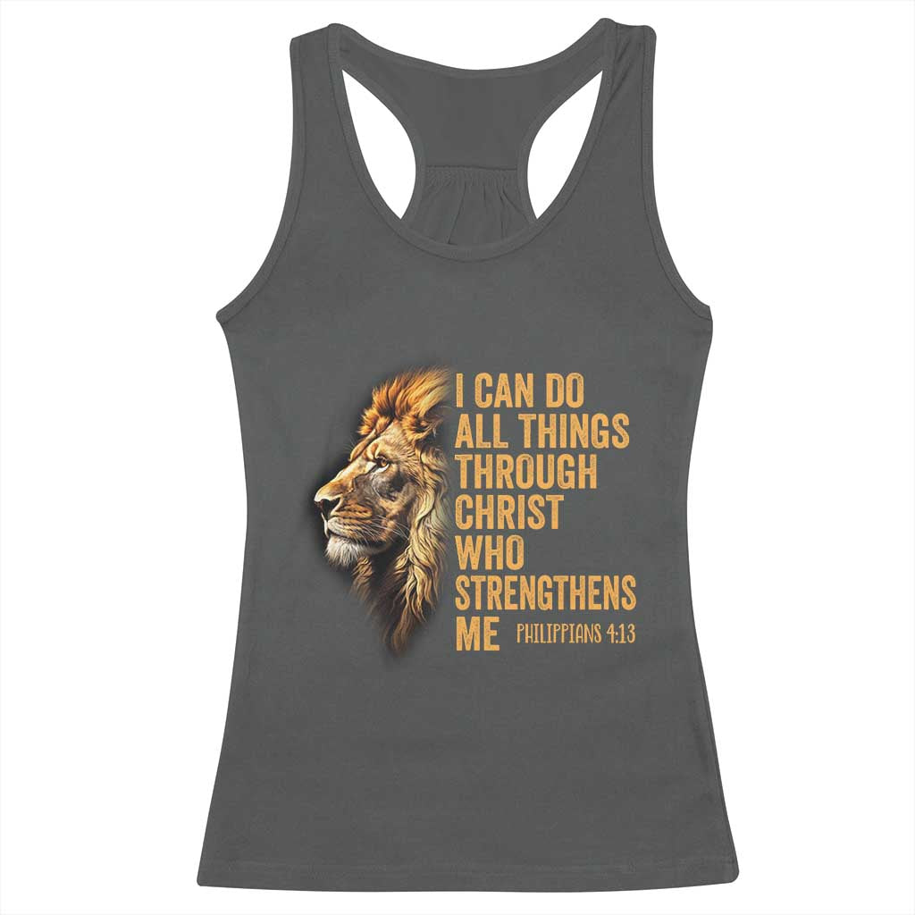 Christian Faith Racerback Tank Top Philippians 4:13 Religious Lion Strengthens TS02 Dark Heather Print Your Wear