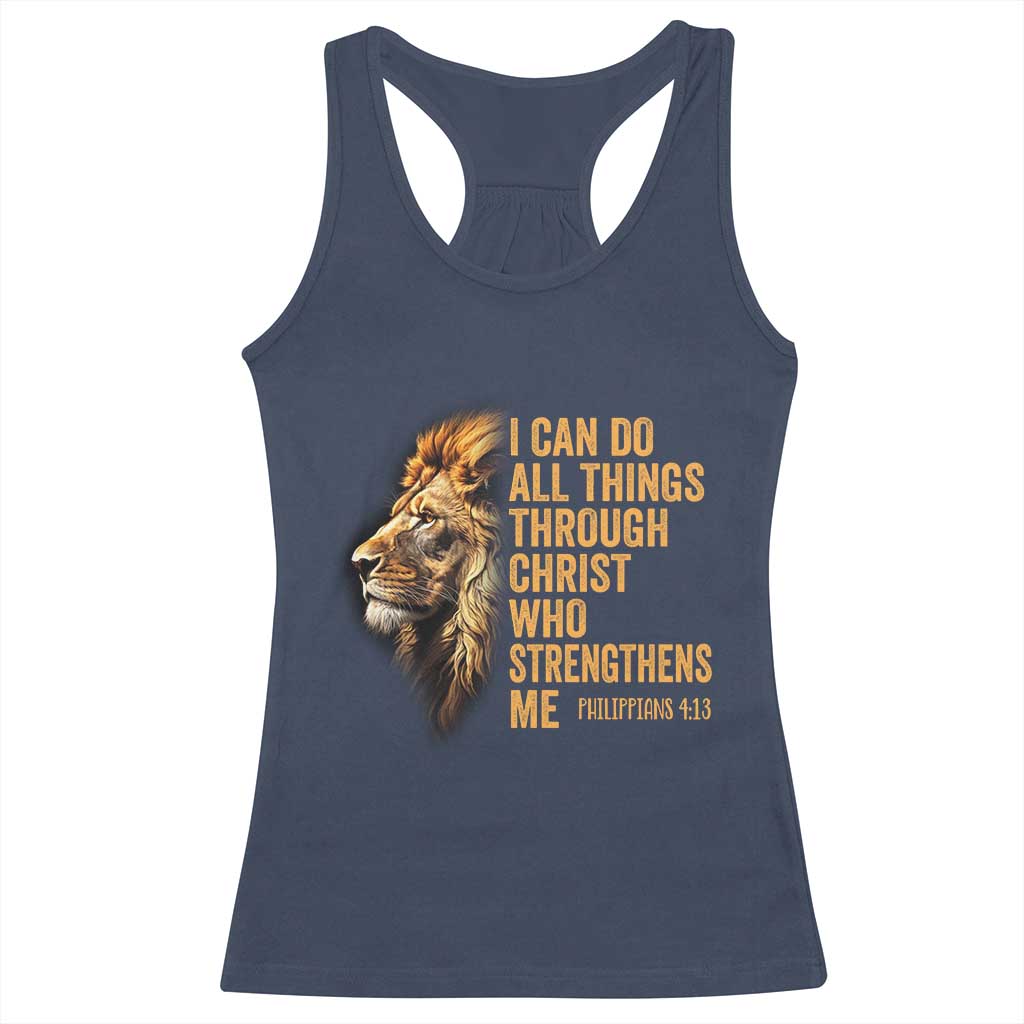 Christian Faith Racerback Tank Top Philippians 4:13 Religious Lion Strengthens TS02 Navy Print Your Wear