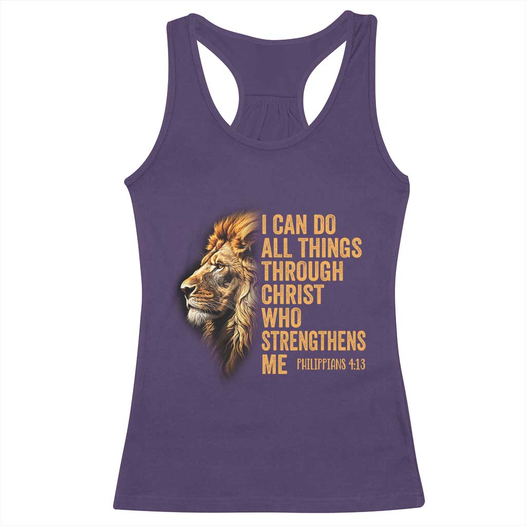 Christian Faith Racerback Tank Top Philippians 4:13 Religious Lion Strengthens TS02 Purple Print Your Wear